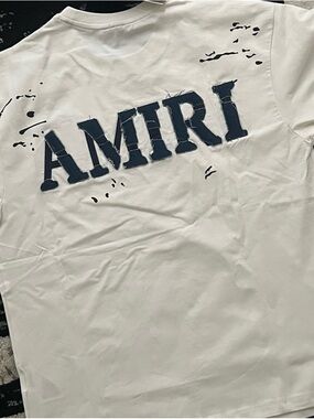 AMIRI White Tee with Navy Distressed Logo